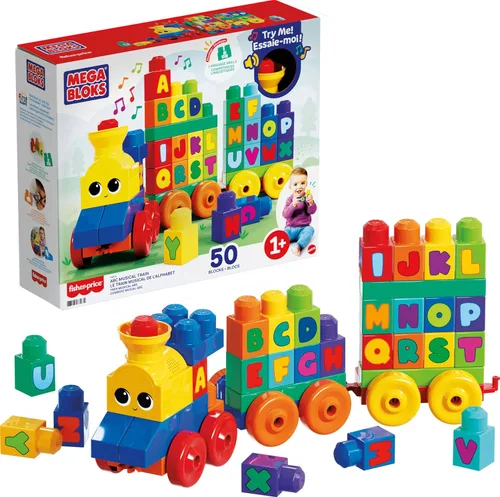 MEGA BLOKS First Builders - Juego de bloques de construcción para niños pequeños, tren musical ABC con 50 piezas, música y sonidos, a partir de 1 año