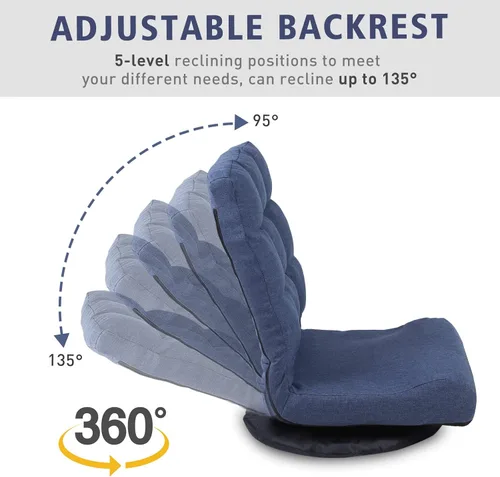 Vista 6 de Silla de suelo giratoria de 360° con respaldo de 6 posiciones y soporte lumbar, mecedora plegable resistente para juegos de 300 libras, silla