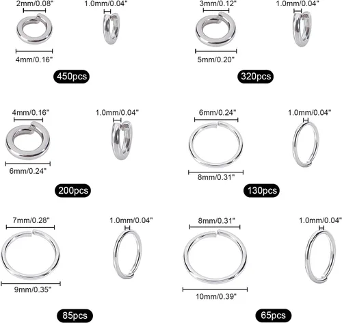 Vista 3 de PH PandaHall 1000 piezas de anillos de salto abiertos de acero inoxidable 304 de 4/5/6/8/9/0.394 in, calibre 18 con 1 juego de 5.1 pulgadas