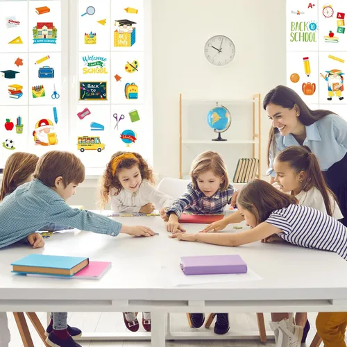 Vista 3 de Whaline 8 hojas de calcomanías para ventana de regreso a clases, gnomo, autobús, lápiz estático de doble cara, calcomanías de ventana para el primer