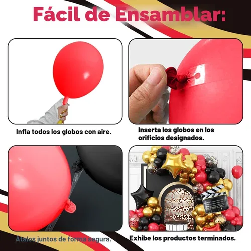 Vista 3 de Kit de arco de guirnalda de globos de noche de película, globos rojos, negros y dorados con globos de papel de aluminio de cámara y estrella, globos