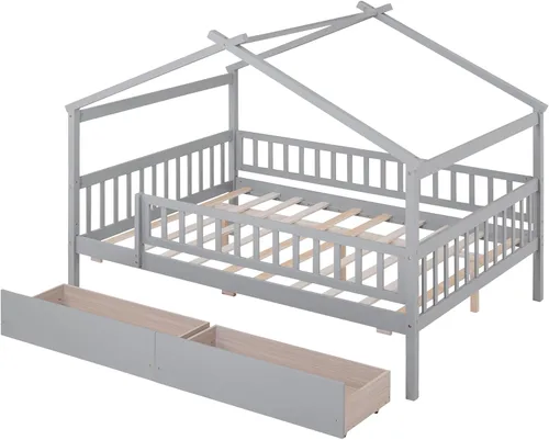 Vista 103 de Merax Cama de madera de tamaño individual con dos cajones, marco de cama de madera con techo para niños, adolescentes, niños o niñas, gris