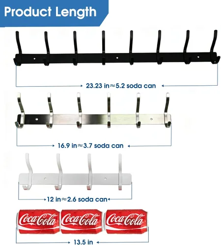 Vista 3 de Ganchos de pared negros, perchero de pared de 30 cm con 4 ganchos, ganchos de pared resistentes para colgar mochila, bolso, cartera, ropa, sombrero