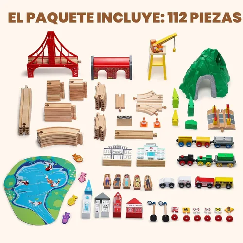 Vista 6 de SainSmart Jr. Juego de tren de madera de 112 piezas para niños pequeños – Pistas de tren de doble cara, compatibles con Brio, Thomas, Melissa & Doug