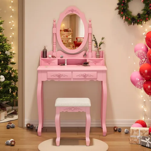 Vista 2 de Alohappy - Juego de mesa de maquillaje con espejo y taburete para niñas, mesa de maquillaje y taburete acolchado con 4 cajones, tocador de madera