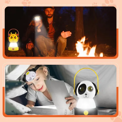 Vista 5 de VIHOSE 2 Juego de Linterna de Camping LED para Niños y Linterna de Cabeza 4 Piezas Equipo de Camping Temático de Animales Luz Nocturna Alimentada