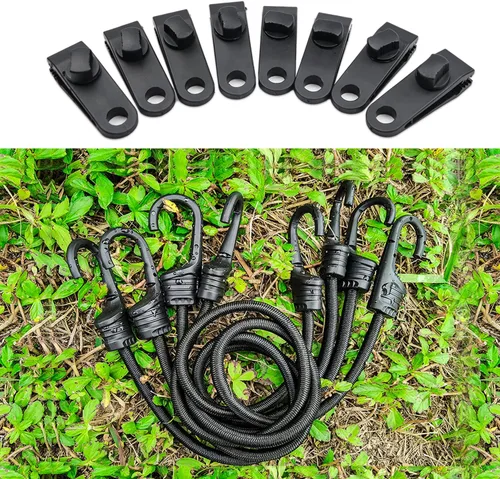 Vista 7 de Cuerda elástica de 24 pulgadas con ganchos dobles, paquete de 4 correas elásticas de 0.315 pulgadas y 8 clips de lona, correas elásticas negras