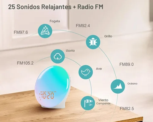 Vista 4 de Reloj Despertador de Luz de Amanecer para Dormitorio, 17 Luces Nocturnas, Máquina de Sonido con Altavoz Bluetooth de 5W, 25 Sonidos Relajantes