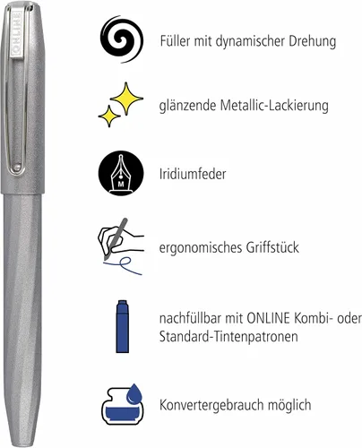 Vista 2 de Online Slope Metallic Grey Fountain Pen with Ergonomic Grip, High-Quality Iridium Nib Medium, Standard Ink Cartridges, Includes Combination