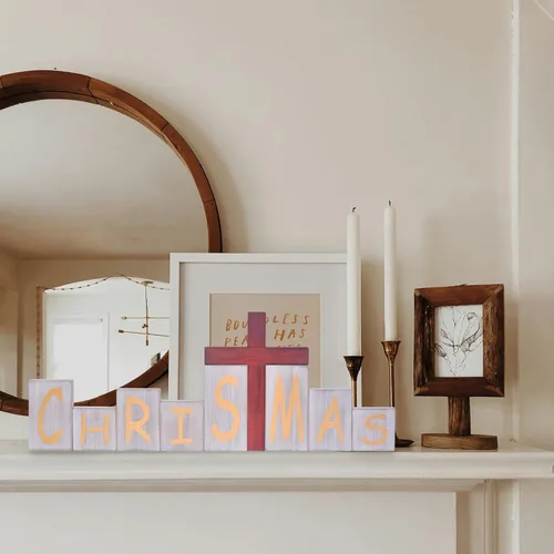 Vista 5 de Ovootok Letreros de Bloques de Madera de Navidad, Letrero de Mesa de Madera de Granja de Doble Cara, Decoraciones de Pascua de Escritorio Bandeja