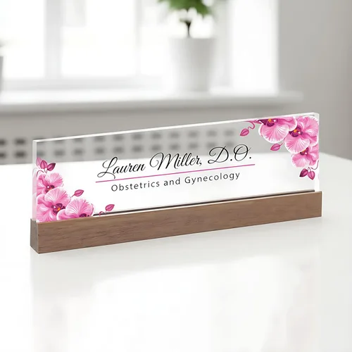Vista 36 de Artblox - Placa de nombre personalizada para escritorio con soporte para tarjetas de presentación en cristal acrílico transparente, diseño de flores