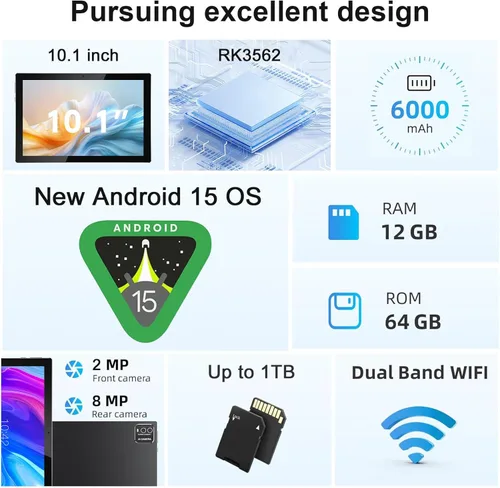 Vista 6 de Tableta Android 15 de 10 pulgadas con teclado 64 GB ROM+12 GB RAM (expansión 4+8) Soporta expansión de 1 TB 2MP+8MP cámara dual 6000mAh 5G WiFi-6