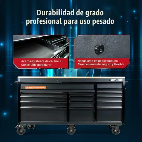 Vista 9 de Olympia Tools Caja de herramientas móvil resistente de 72 pulgadas, con banco de trabajo superior de madera maciza, baúl de herramientas con ruedas