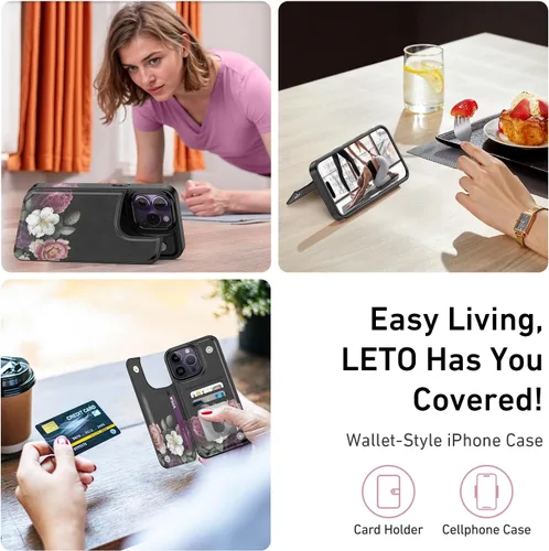 Vista 684 de LETO para iPhone 15 Pro Funda tipo cartera - Tapa tipo folio con patada - Diseños de moda - Tarjetero - Funda protectora para mujeres y niñas - 6.1