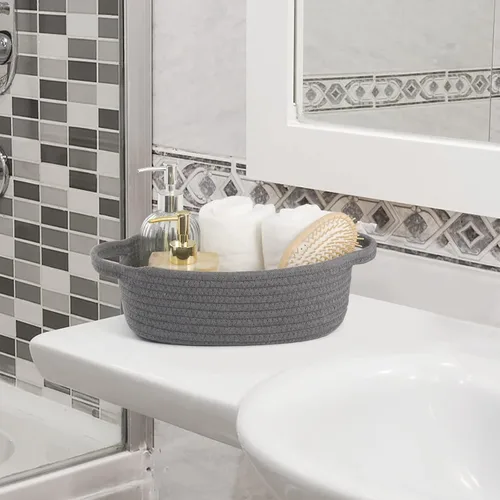 Vista 4 de VOOWO Juego de 5 cestas rectangulares de cuerda de algodón para almacenamiento, organización, decoración, gris oscuro