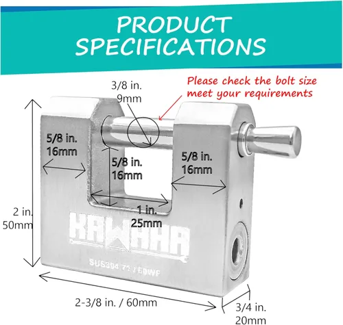 Vista 3 de Candado KAWAHA 71/60-2PS de acero inoxidable en forma de D con llave de acero inoxidable para puerta de garaje, contenedores, cobertizo, casillero