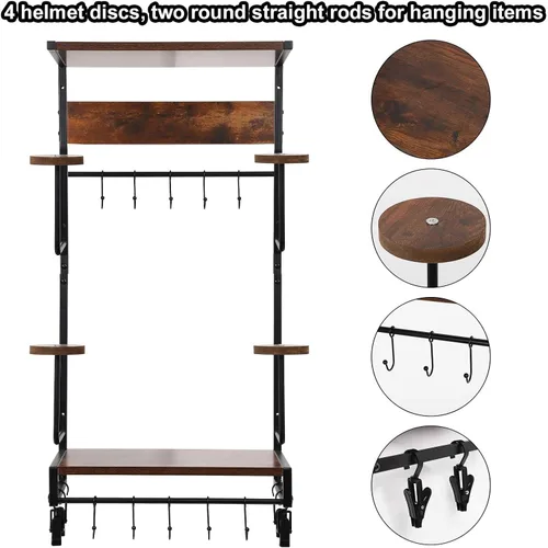 Vista 4 de Soporte para casco de motocicleta, montaje en pared retro para casco de motocicleta y perchero con ganchos, tipo exposición, soporte para casco