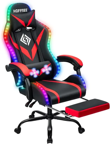 Vista 11 de Silla RGB para videojuegos con masaje y luces LED, ergonómicas, con reposapiés, respaldo alto, silla reclinable para computadora con soporte lumbar