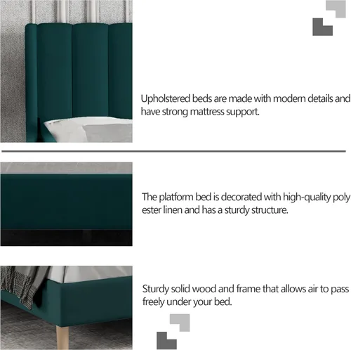 Vista 32 de Zoophyter Base de cama tapizada de plataforma tamaño King con cabecero, listones de madera fuertes, no necesita somier, fácil montaje, lino blanco