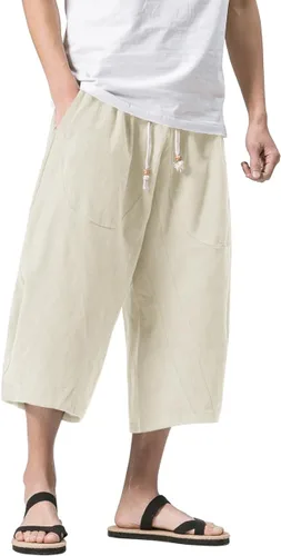 MAGNIVIT - Pantalones capri de lino y algodón para hombre, ajuste holgado, cintura elástica, pierna ancha, pantalones holgados de harén Breathable