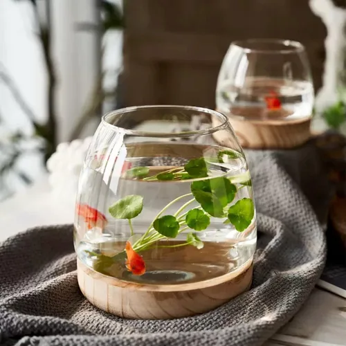 Vista 6 de Jarrón de cristal con base de madera desmontable, pequeña planta hidropónica de escritorio, terrario ecológico para acuario, florero para peces
