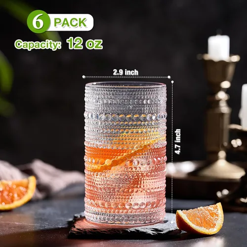 Vista 5 de Mfacoy Juego de 6 vasos de cóctel grandes de estilo vintage con forma de hobuña, vasos de cóctel de 12 onzas, vasos de vidrio en relieve, vaso