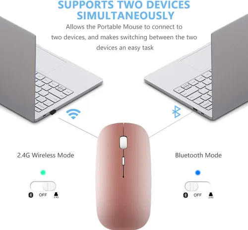 Vista 4 de Ratón inalámbrico Bluetooth de 2.4 GHz, modo doble, delgado, recargable, mouse inalámbrico silencioso USB, 3 DPI ajustables, compatible con laptop