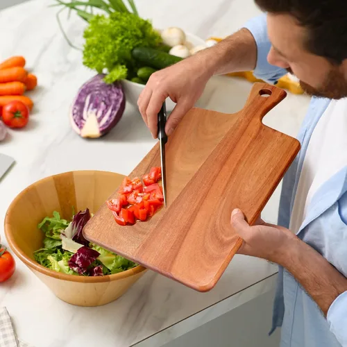 Vista 4 de Tabla de cortar de madera de acacia con mango para cocina, tablas de cortar de madera pequeñas para fruta, queso, pan, carne, charcutería, servir