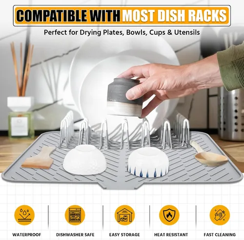 Vista 8 de Luxet Alfombrilla de silicona para secar platos con borde de drenaje integrado, almohadilla de secado higiénica, bandeja resistente compacta y fácil