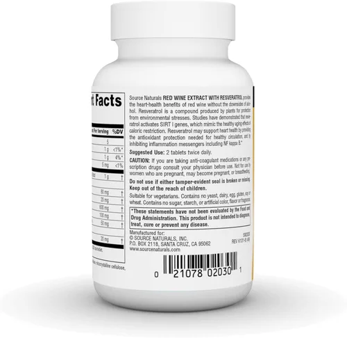 Vista 3 de Source Naturals Extracto de vino tinto con resveratrol, adecuado para un envejecimiento saludable* - 60 Tabletas