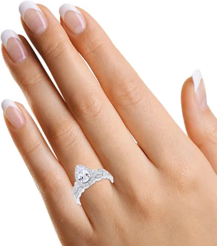 Vista 4 de Juego de anillos de compromiso de oro de plata de ley 925 de 1.4 quilates, anillo de compromiso con halo de diamante de moissanita