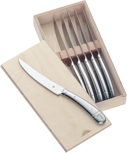 WMF Juego de cuchillos para carne de acero inoxidable de 6 piezas con caja de regalo de madera