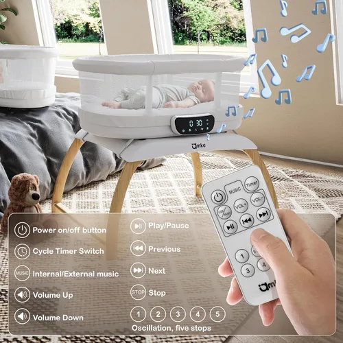 Vista 9 de AMKE Moisés 4 en 1 para bebé con 5 movimientos de balanceo, moisés eléctrico multifuncional para bebé con temporizador y modo de pesaje, control