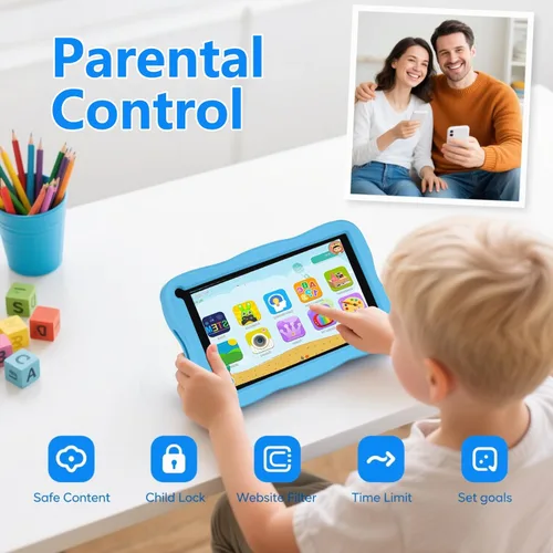 Vista 5 de Tableta Android para niños de 7 pulgadas para niños, 8 GB de RAM 64 GB ROM 128 GB expandir, Bluetooth, WiFi, con funda a prueba de golpes, color azul
