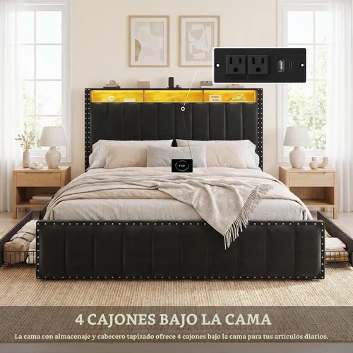 Vista 3 de YITAHOME Queen Size Bed Frame with 4 Storage Drawers and RGB LED Lights Negro