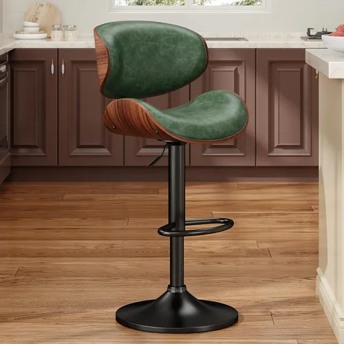 Vista 21 de YaFiti - Taburetes giratorios de bar para mostrador de cocina, taburetes de bar ajustables de madera curvada, taburete de bar tapizado en cuero
