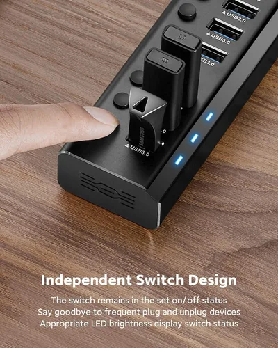 Vista 5 de Hub USB 3.0 alimentado Rosonway de aluminio con 7 puertos USB 3.0 Divisor de datos con adaptador de alimentación de 24W (12V/2A) y interruptores