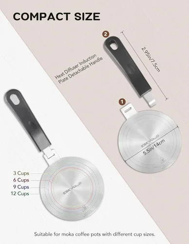 Vista 6 de Placa adaptadora de inducción desmontable, placa difusora de calor de acero inoxidable de 5.5 pulgadas para olla Moka de 12 tazas, adaptador