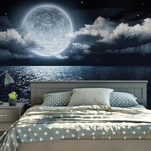 Papel tapiz fotográfico grande 3D de luna brillante en el mar, murales de pared con vista nocturna de cielo nocturno, papel tapiz mural para sala de