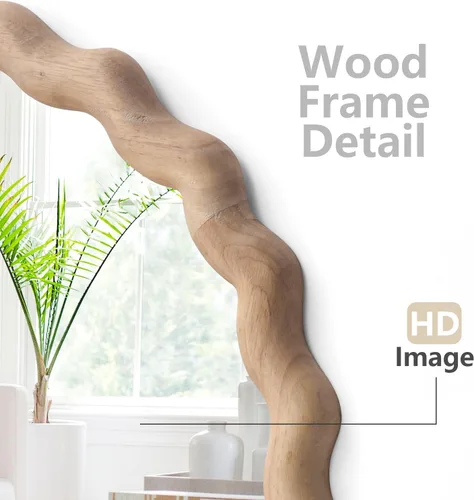 Vista 3 de Espejo de pared irregular, espejo redondo de madera, espejo de tocador único, espejo de baño moderno de madera natural de 18 pulgadas para baño