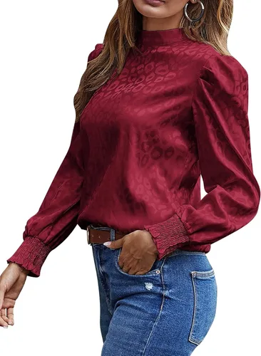 Vista 4 de LYANER Blusa de trabajo con cuello alto y manga larga abombada para mujer