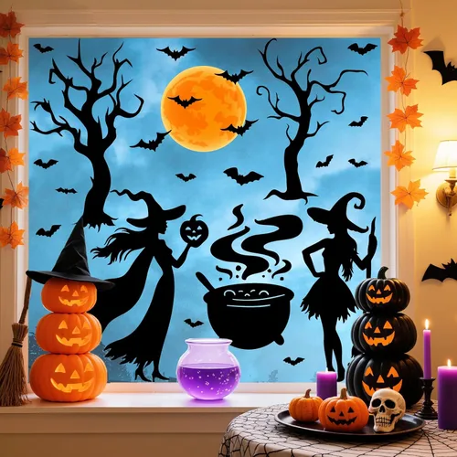 Vista 6 de Calcomanías de Halloween para ventana, calcomanías de brujas negras, calcomanías de pared de Halloween, murciélagos de árbol negro, murales de arte