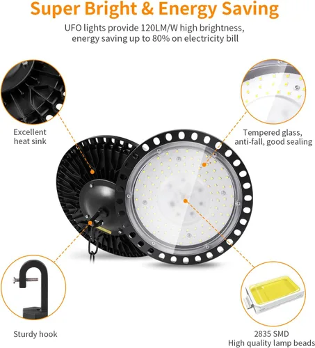 Vista 7 de Luz LED de alta bahía 100W 21,000LM Luces LED UFO LED de alta bahía de 5000 K para iluminación comercial de bahía, luz de área de almacén
