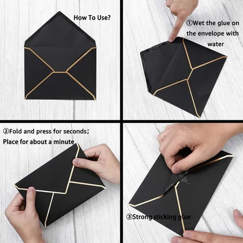 Vista 3 de Paquete de 100 sobres A7 de 5 x 7 sobres de tarjetas con solapa en V con borde dorado para oficina, tarjetas de regalo de boda, invitaciones