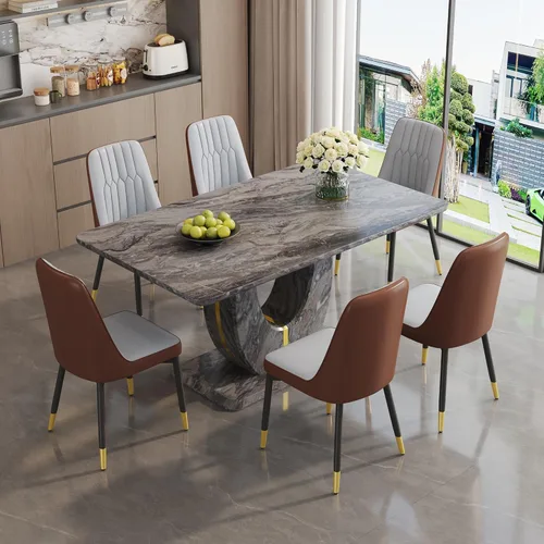 Vista 17 de JUFU Juego de mesa de comedor moderno para 4, juego de mesa de cocina rectangular de 63 pulgadas con mesa de mármol sintético y 4 sillas tapizadas