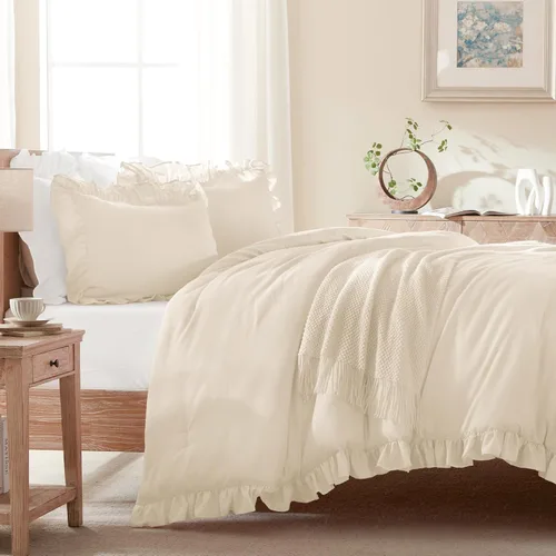 Vista 4 de Andency - Edredón beige con volantes tamaño individual, de 2 piezas, estilo rústico shabby clásico para niños, ligero y suave de microfibra