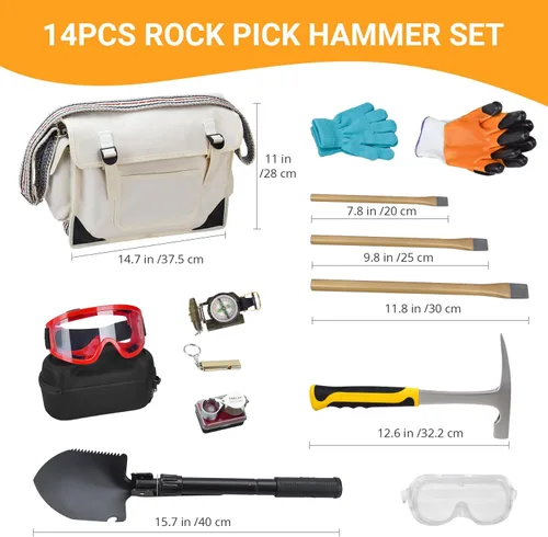 Vista 2 de Kit de herramientas de geología de minería de piedras y gemas de 14 piezas, para caza de rocas, minería de oro, incluye un martillo de acero