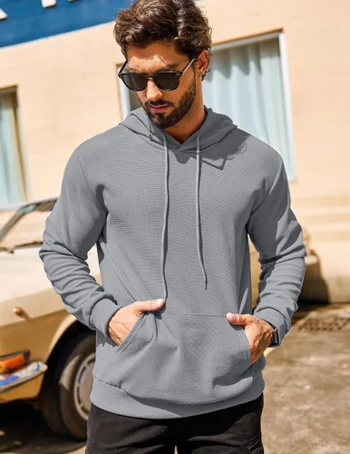 Vista 2 de COOFANDY Sudadera con capucha para hombre, manga larga, casual, con bolsillo, de punto gofre