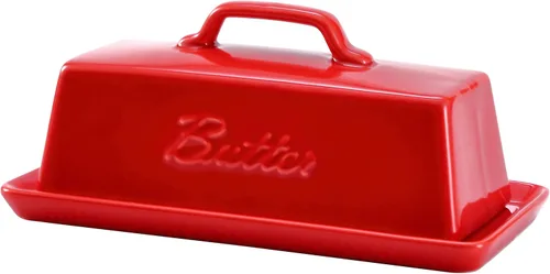 Bruntmor Mantequillera de cerámica con tapa. Mantequillera/bandeja/almacenamiento con tapa y asa. Mantequera de porcelana para encimera.