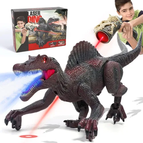 FRUSE Juguetes de dinosaurio a control remoto, robot de dinosaurio para caminar a control remoto con seguimiento de luz, niebla en aerosol, luz LED,